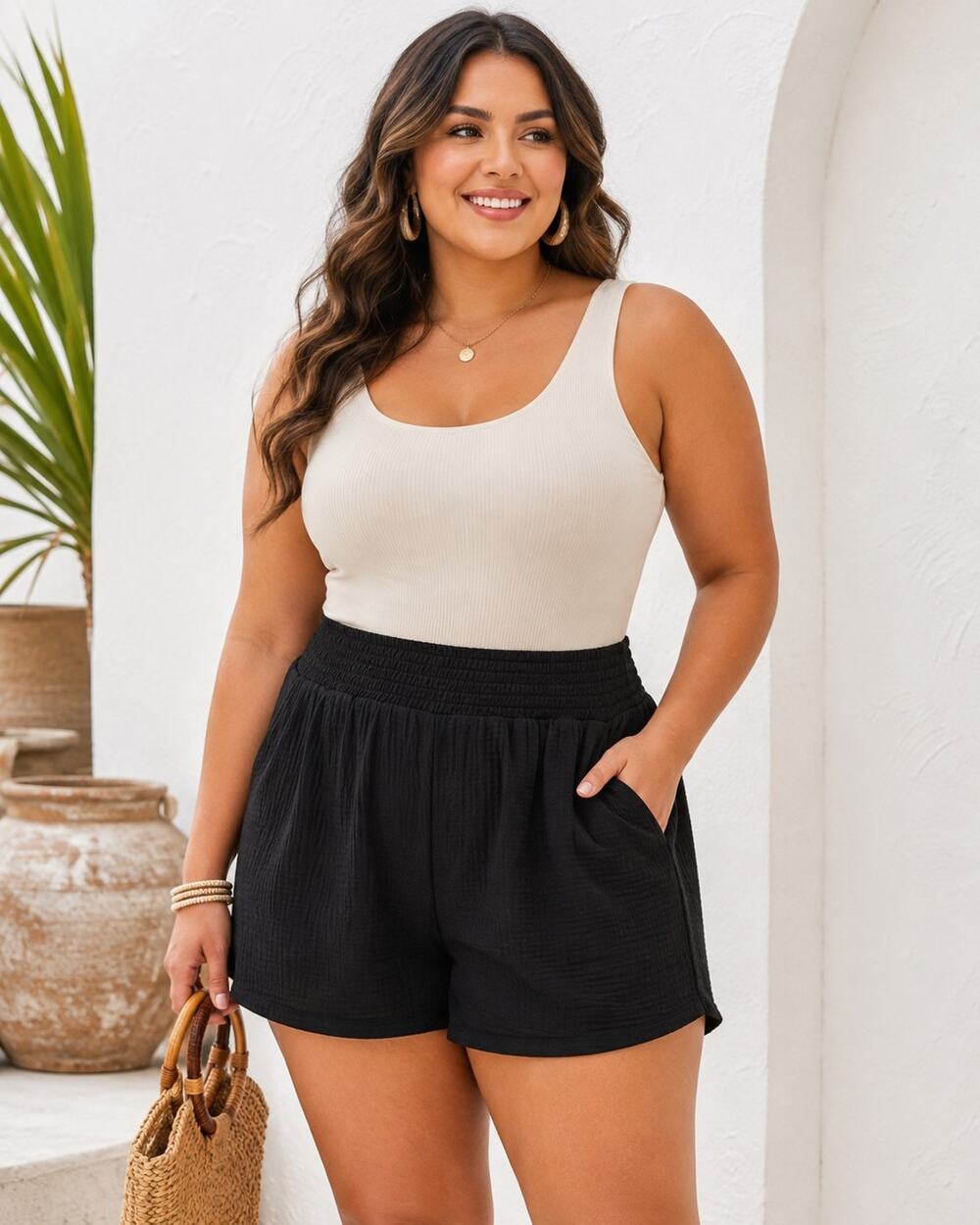 LOVLEI Black Cotton Gauze Shorts Large NWT Smocked Waist Pockets Boutique Boho